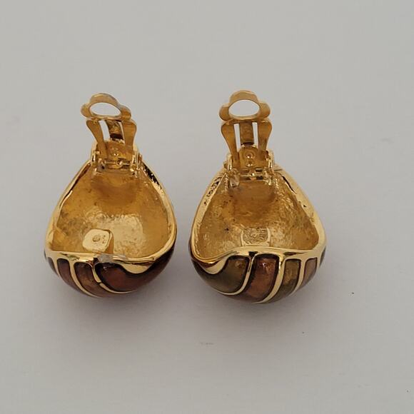 Vintage D orlan Clip On Earrings Oval Gold Bronze Enamel Stripped Glam Statement - Picture 4 of 6